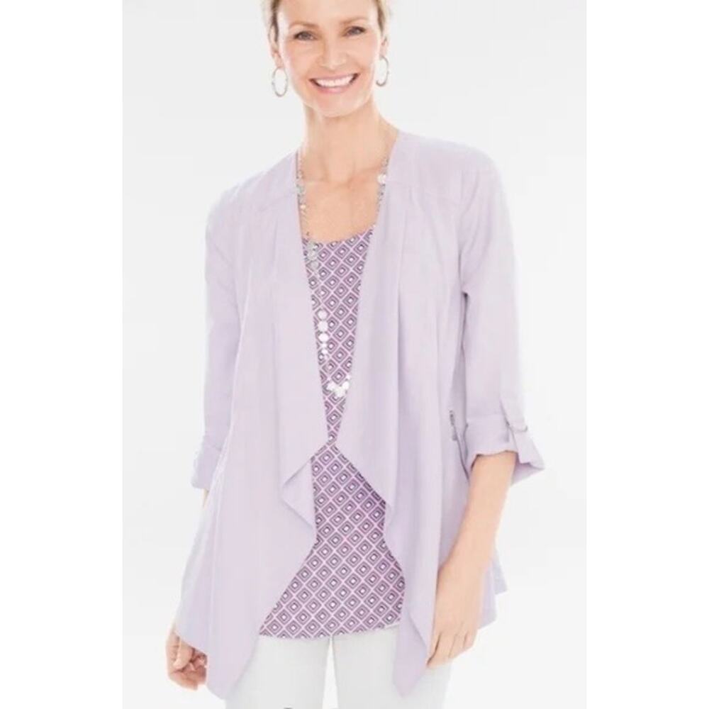 Chico's Jacket Women's Medium Lavender Open Front Roll Tab Sleeve Zipper Pockets